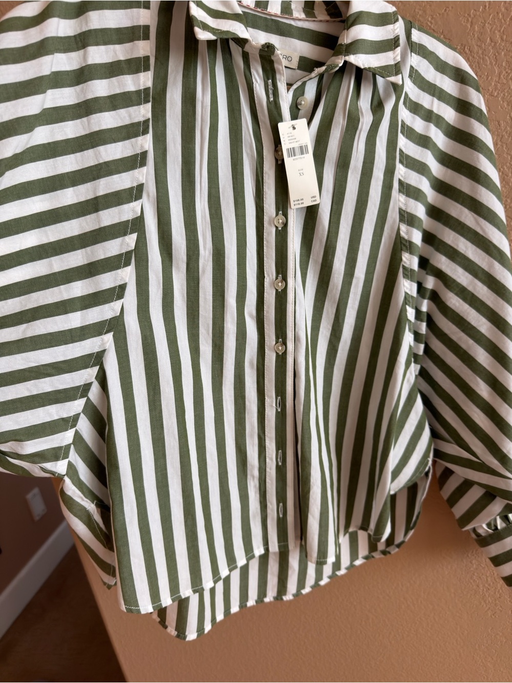 NWT Pilcro Anthropologie Green Striped Oversized Button-Down Shirt XS - Picture 4 of 8